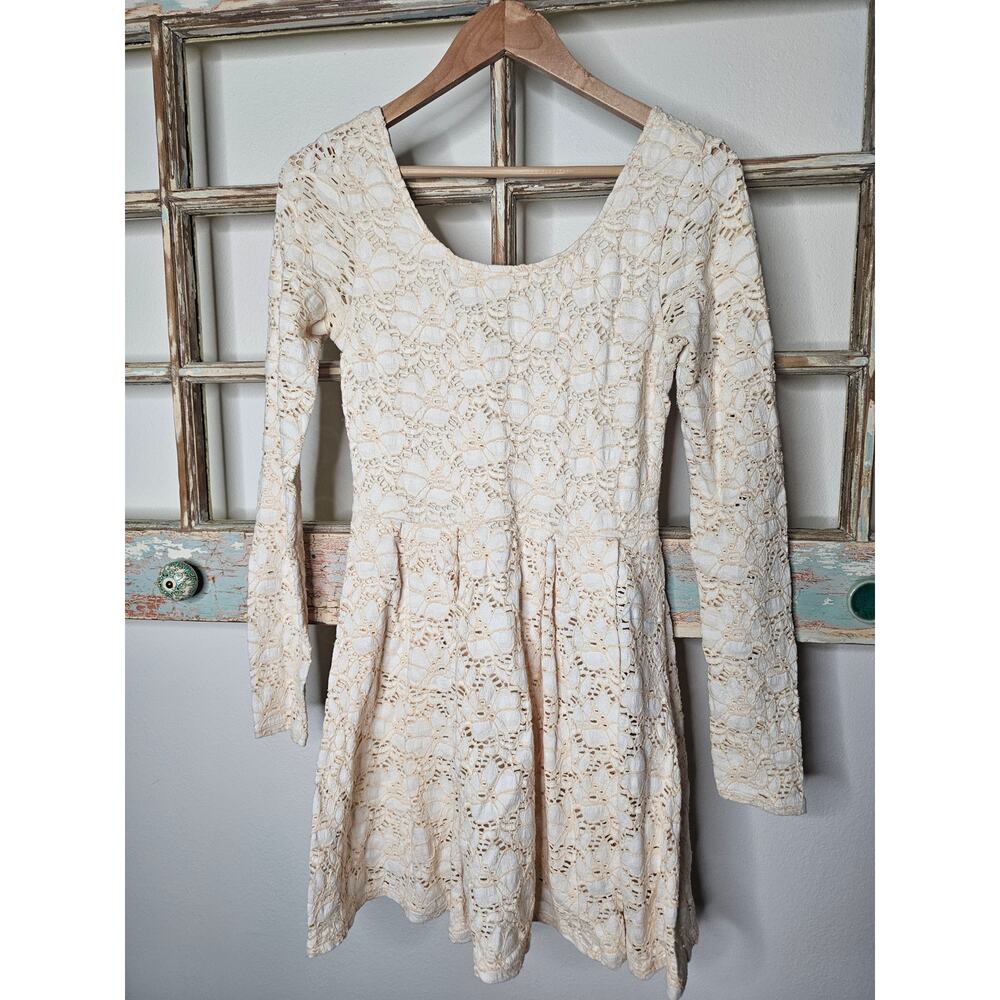 Free People Cottage Core Cream Scoop neck Knit Lace Mini Dress size Small
